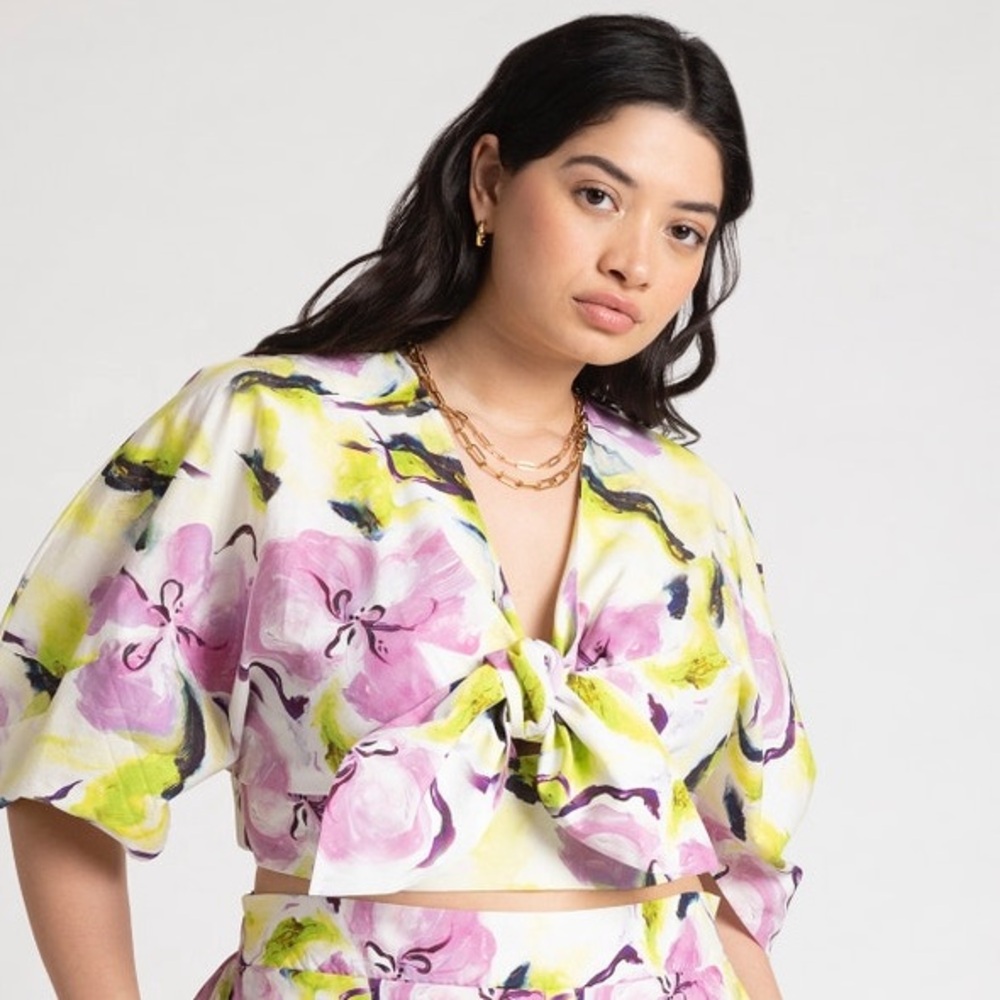 Eloquii Puff Sleeve Tie Front Crop Top NWT